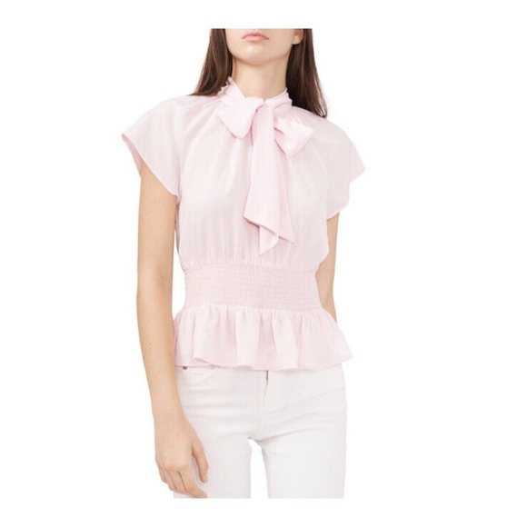 Riley & Rae Tops - RILEY & RAE Peplum Tie-neck Smocked Waist Blouse Light Pink XXL
